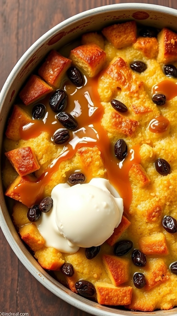 Classic Bread Pudding Recipe in a 13x9 Pan A 13x9 pan of golden-brown bread pudding with raisins, drizzled with caramel sauce, and a scoop of vanilla ice cream on a rustic table.